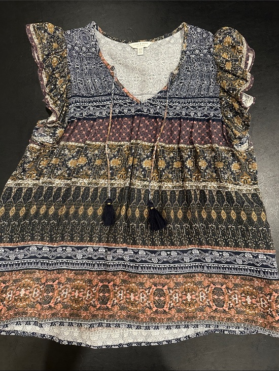 Lucky Brand Tops - Lucky Brand Boho Navy Multi Printed V-Neck Tassel Tunic
